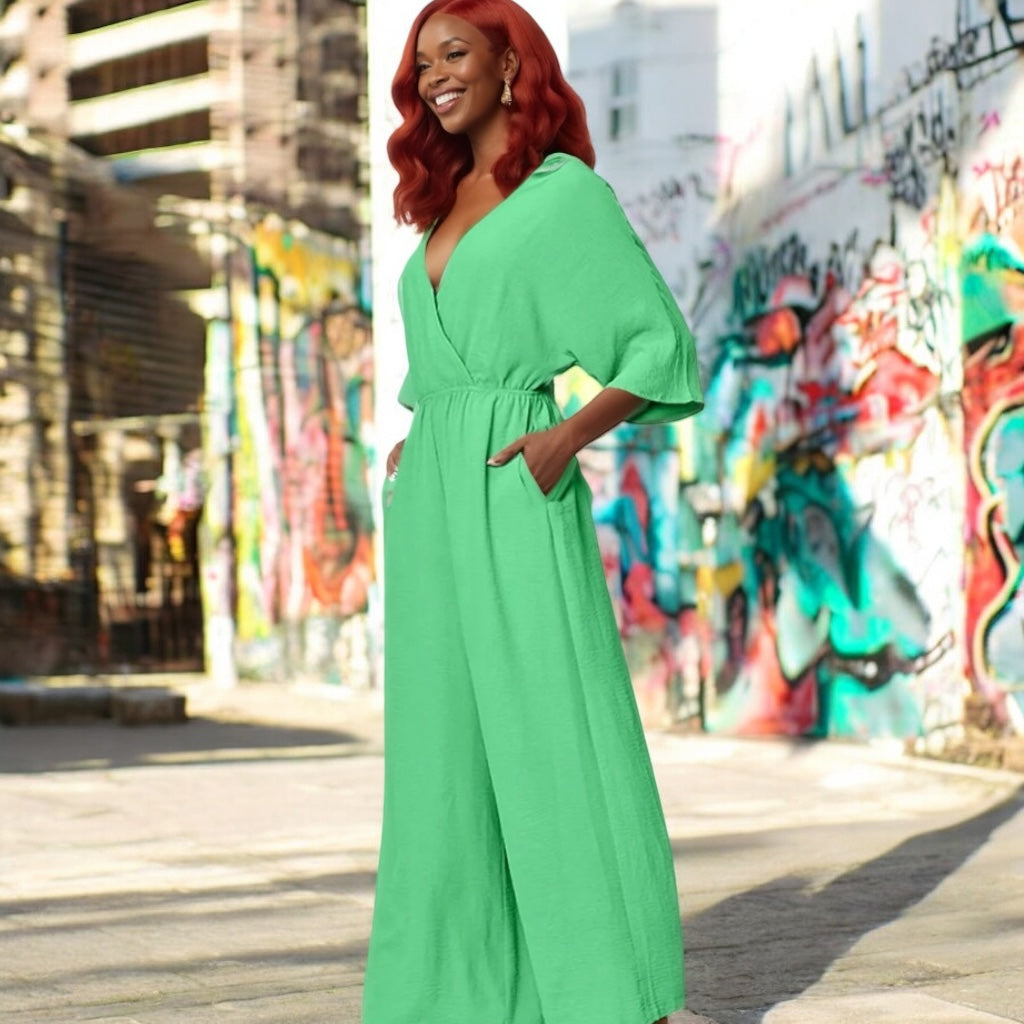 Double Take Full Size Surplice Wide Leg Jumpsuit with Pockets