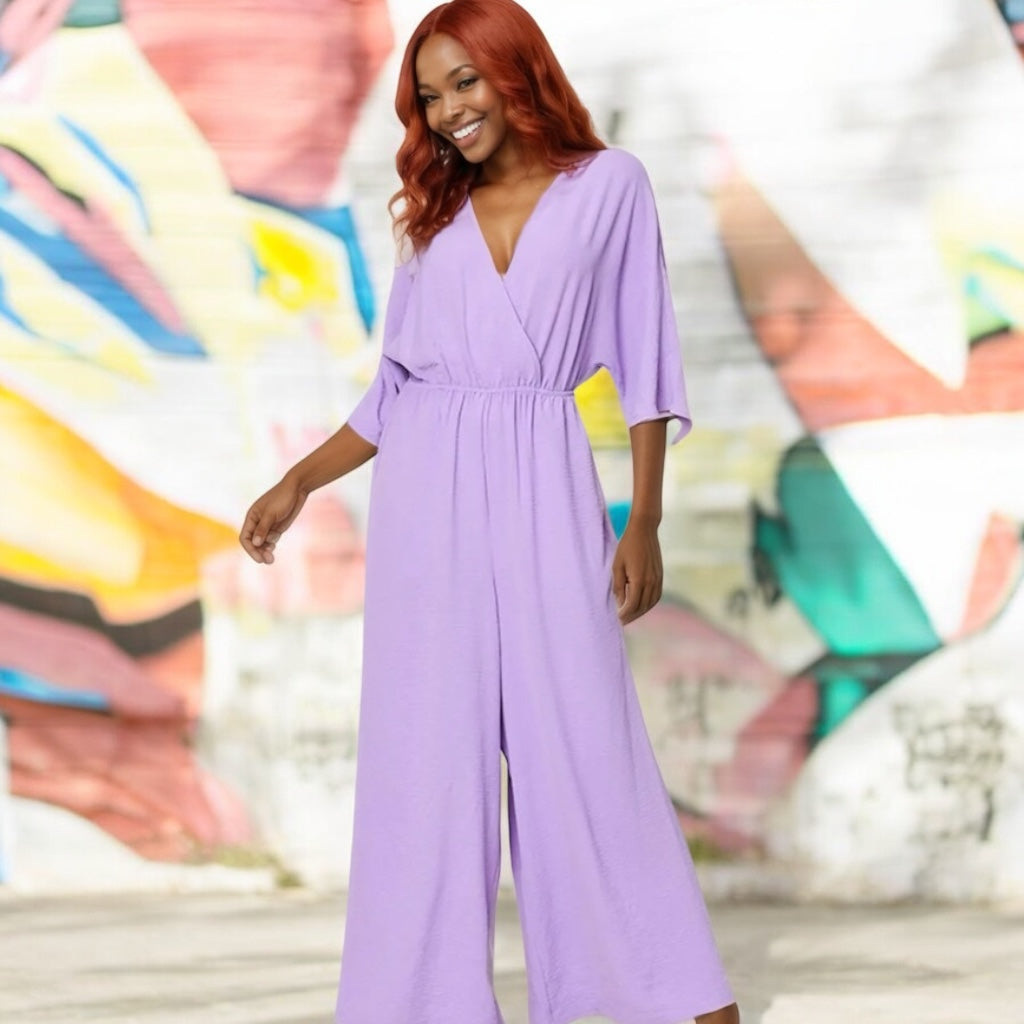 Double Take Full Size Surplice Wide Leg Jumpsuit with Pockets
